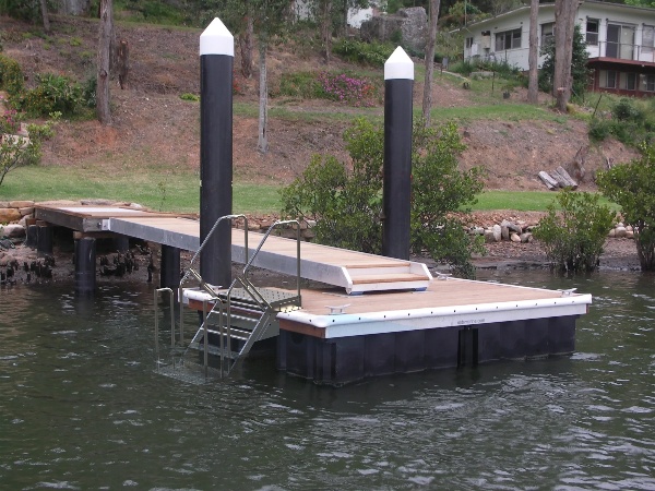 a privately owned pontoon on inland water with pontoon stairs installed